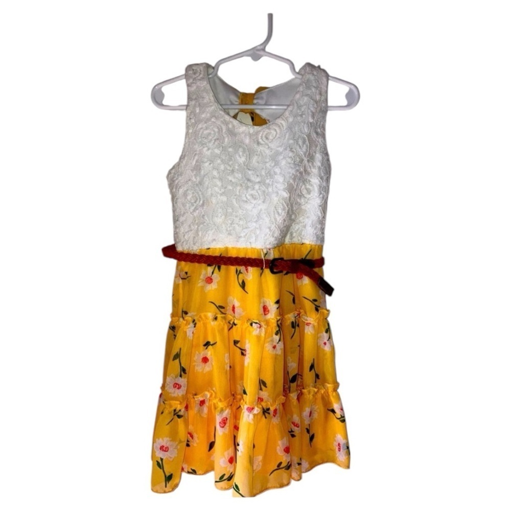 Girls Sleeveless Yellow & White Floral Dress with Removable Belt Size XS (4/5)